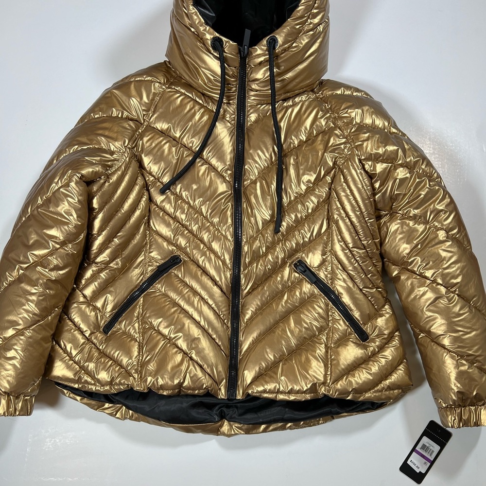 GUESS Metallic Gold Quilted Hooded Puffer Coat Women XXL/2X Zip NWT - Picture 7 of 16